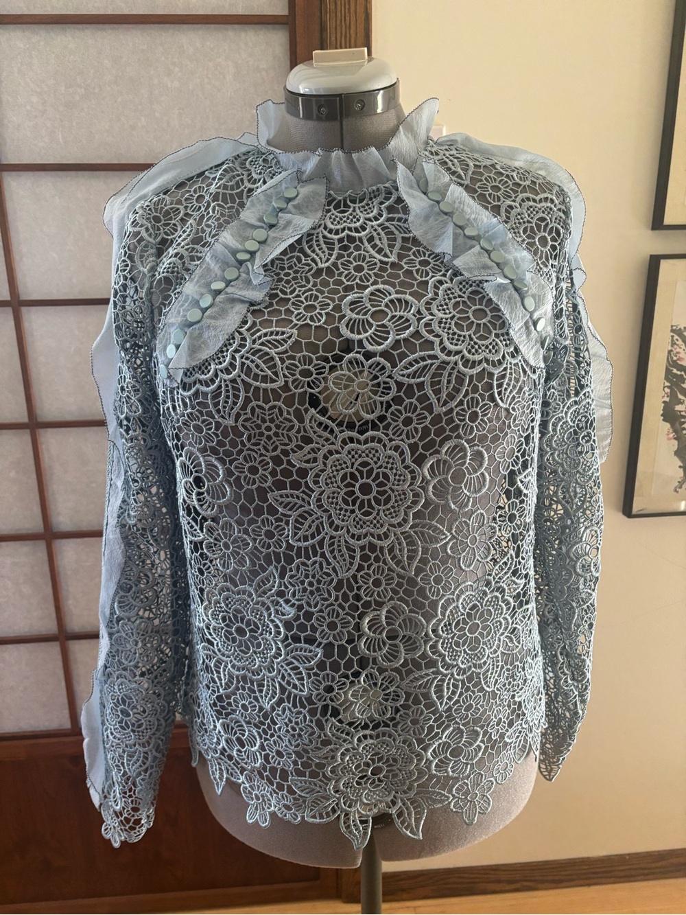 VGUC Self-Portrait Pale Blue Floral Lace Blouse with Organza Ruffles US 8/10